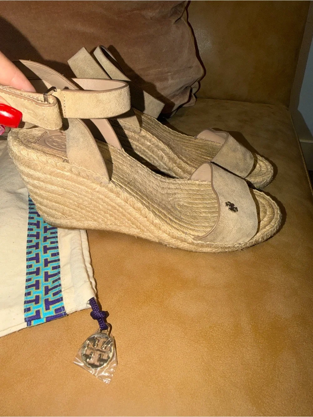Tory Burch Beige Suede Espadrille Wedge Sandals